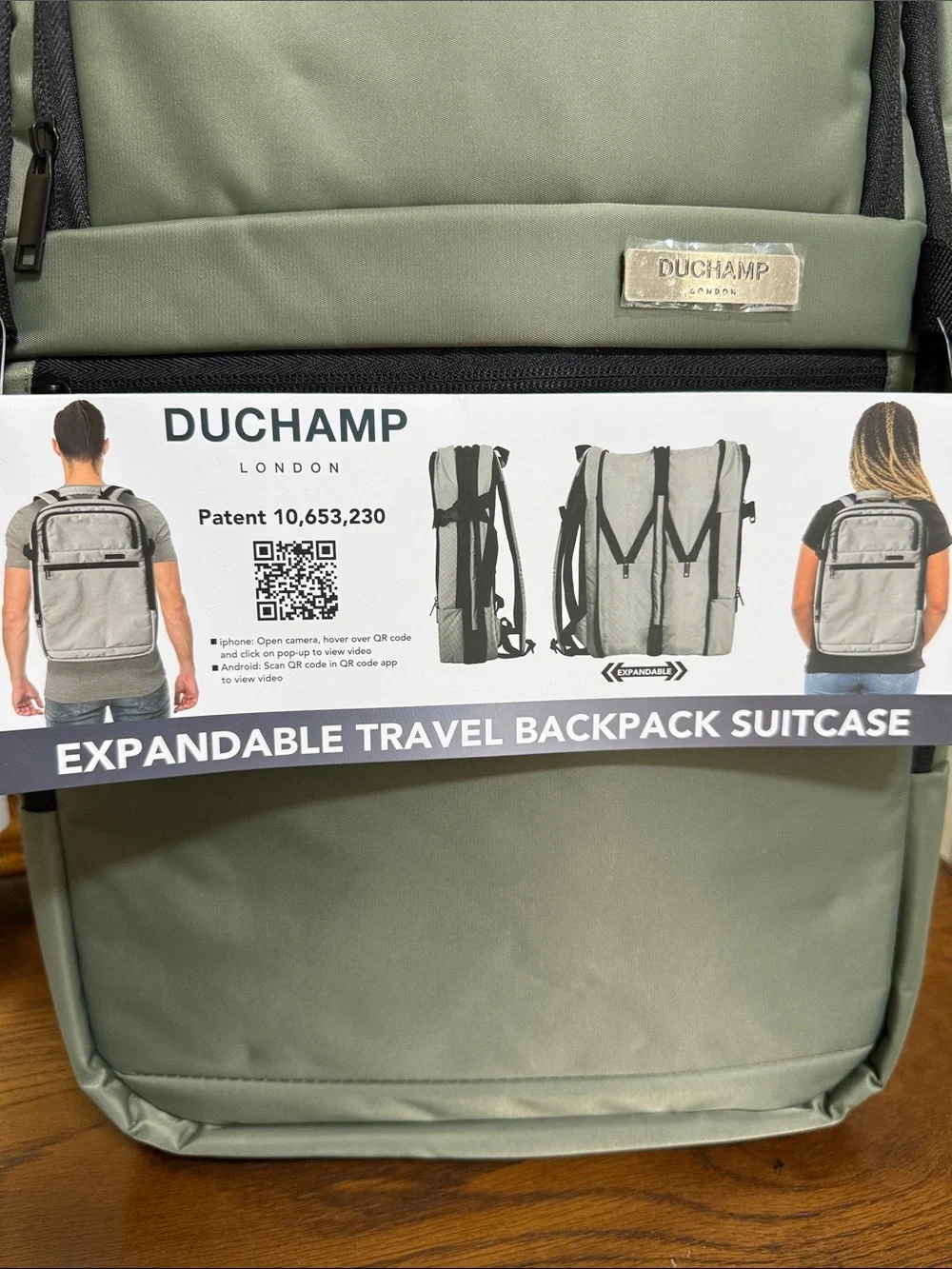 Duchamp Olive Green Expandable Travel Backpack/Suitcase w/ laptop pocket & USB.